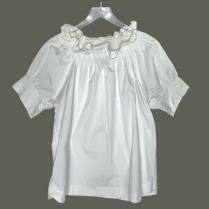 Monica Nera Tuckernuck White Poplin Top Ruffle Neck Short Sleeve S